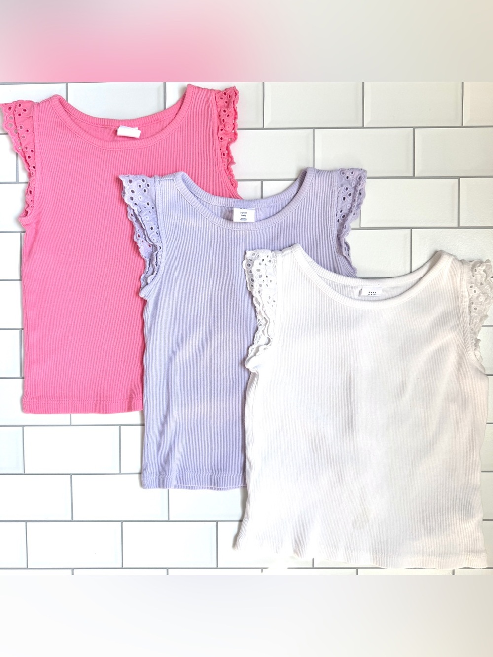 2💕 Baby GAP Rib Cotton Knit Eyelet Flutter Ruffle Short Sleeve 3 Shirt Bundle